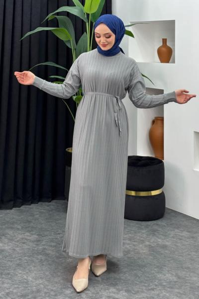 Merserize Çizgili Elbise Gri