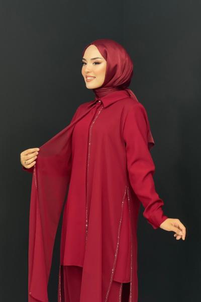 Nadide Pantolonlu Takım Bordo