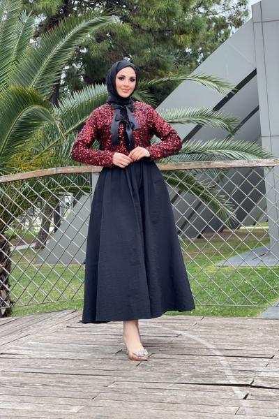 Payetli Etekli Takım Bordo