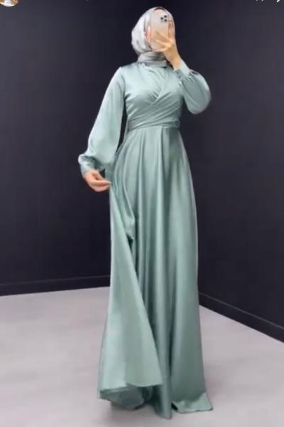 Pelin Çapraz Saten Abiye Su Yeşili
