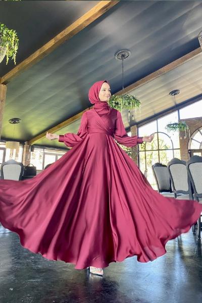 Pelin Çapraz Saten Abiye Bordo