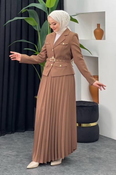 Piliseli Krep Takım Kahverengi