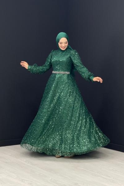 Pırıltı Kabarık Abiye Zümrüt