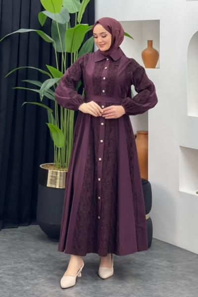 Romantik Dantel Detaylı Elbise Bordo