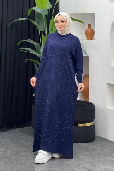 Taşlı Merserize Elbise Lacivert