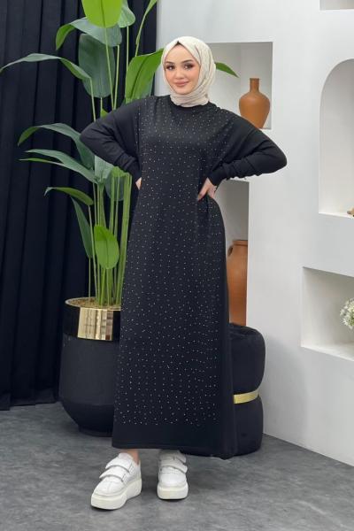 Taşlı Merserize Elbise Siyah