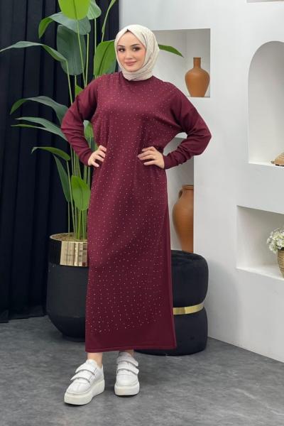 Taşlı Merserize Elbise Bordo