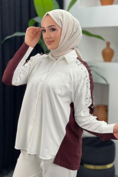 Taşlı Triko Detay Gömlek Bordo