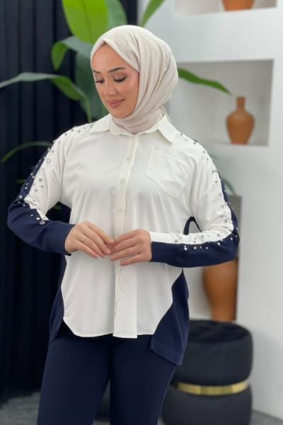 Taşlı Triko Detay Gömlek Lacivert