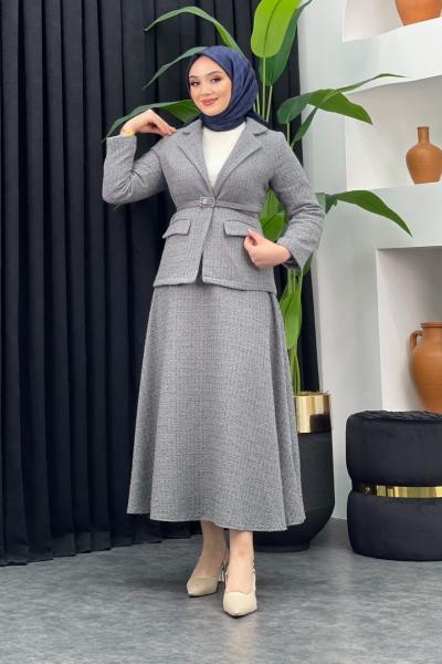 Tüvit Ceket Etekli Takım Gri