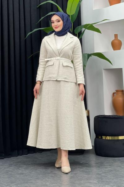 Tüvit Ceket Etekli Takım Taş Rengi