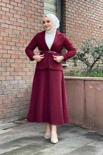 Tüvit Ceket Etekli Takım Bordo