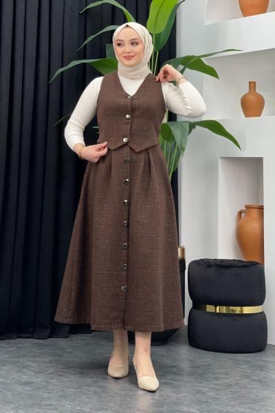 Tüvit Yelek Etekli Takım Kahverengi