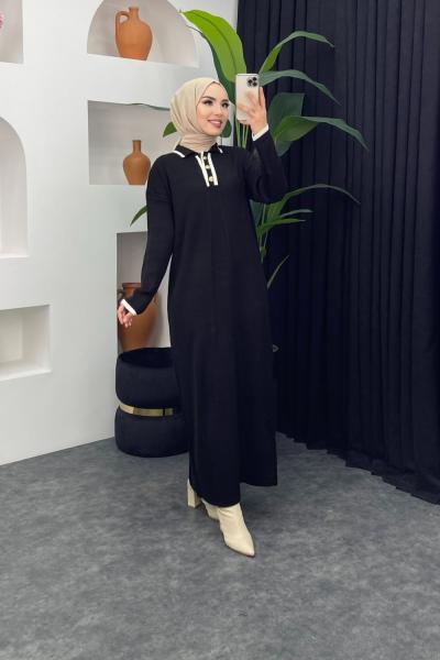 Yarım Düğmeli Triko Elbise Siyah