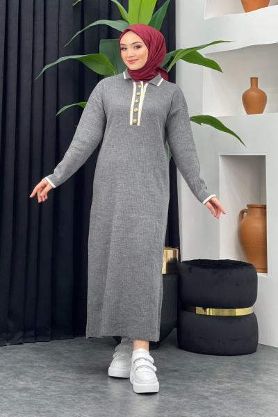 Yarım Düğmeli Triko Elbise Gri