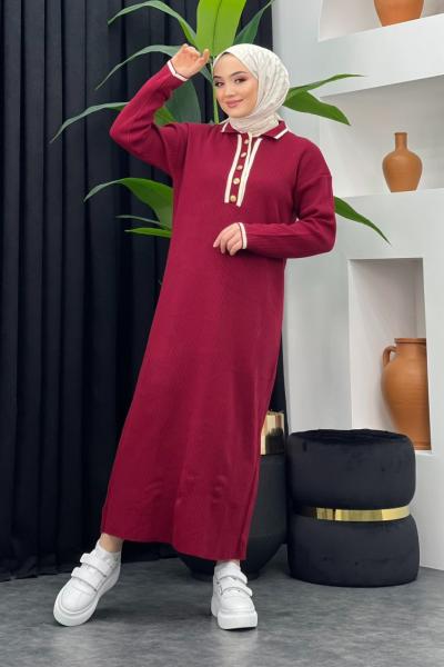 Yarım Düğmeli Triko Elbise Bordo