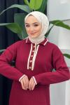 Yarım Düğmeli Triko Elbise Bordo