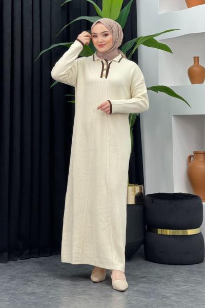 Yarım Düğmeli Triko Elbise Taş / Yakası Kahverengi