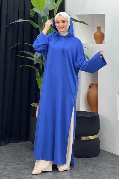 Yırtmaçlı Uzun Sweat Elbise Saks Mavisi