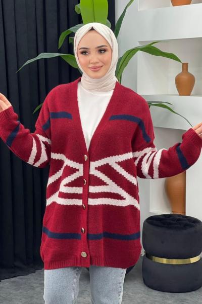 Zebra Desenli Hırka Bordo